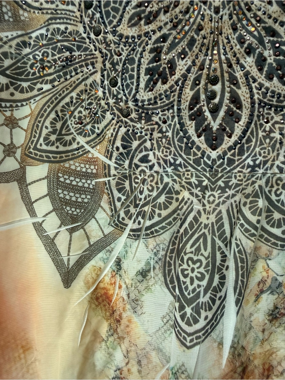 Peach Printed Layered Tank Top with Ornate Neck Motif - Picture 2 of 3